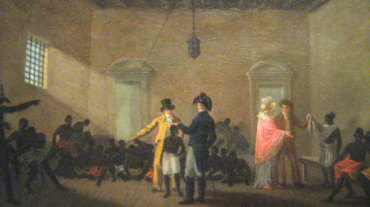 Jean-Baptiste Debret. 1768-1848,
Mercado de Escravos no Rio de Janeiro
Um dos raros quadros  à óleo produzidos por Debret no Brasil. Fonte: Inst. Ricardo Brennan